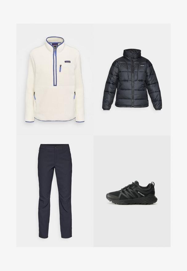 Czarna puchowa kurtka z wysokim kołnierzem, pikowanym wzorem i zamek błyskawiczny z przodu. Posiada dwie boczne kieszenie i elastyczne mankiety.; Polarowy sweter w kolorze białym, z półwiązanym z przodu zamkiem, niebieskimi akcentami zamka, kieszenią na piersiach i kieszeniami bocznymi. Gładka tekstura, wysoki kołnierz.; Granatowe spodnie wykonane z gładkiego materiału, z zapięciem na guziki z przodu, wąskim kroju oraz detalami w postaci prasowania na kolanach.; Columbia PEAKFREAK czarny