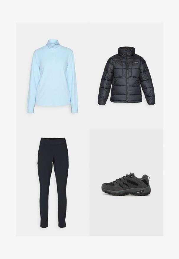 Juodas pūkuotas švarkas su aukštu apykakle, išsiuvinėtu raštu ir užtrauktuku priekyje. Yra dvi šoninės kišenės ir elastingi rankogaliai.; Šviesiai mėlynas, ilgomis rankovėmis megztinis su aukštu apykakle ir pusiau užtrauktuku, pagamintas iš minkštos medžiagos. Yra prigludę rankogaliai ir plokščios siūlės.; Juodi sportiniai medvilniniai kelnių modeliai su siauru kirpimu, elastinga juosmens juosta ir šonine kišene su užtrauktuku. Lygus, elastingas audinys su minimaliais siūlės.; Columbia REDMOND - Turistiniai batai - black/citron haze