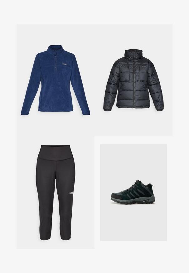 Crna puffa jakna s visokim ovratnikom, kvadratnim uzorkom i zatvaračem sprijeda. Ima dva bočna džepa i elastične manžete.; Plavi polarni pulover s visokim ovratnikom, s prednjim dijelom s pola gumba, teksturiranom tkaninom i malim logotipom na lijevoj gornjoj strani.; Crne capri tajice izrađene od rastezljivog materijala, s visokim strukom i malim bijelim logotipom s lijeve strane. Glatka tekstura.; Columbia REDMOND - Obuća za pješačenje - black/citron haze