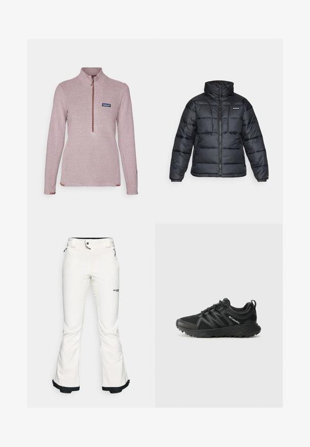 Μαύρο φουστανελάκι με ψηλό γιακά, ραφές και υφάδι με φερμουάρ. Διαθέτει δύο πλαινά τσέπες και ελαστικούς καρπούς.; Patagonia AIR ZIP NECK - Φλις πουλόβερ - stormy mauve; Λευκό σορτς σκι κατασκευασμένο από μαλακό, ευέλικτο υλικό. Διαθέτει εφαρμοστό μέγεθος στη μέση, φαρδιά ανοίγματα στα πόδια και μαύρη διακόσμηση στα μανίκια. Ορατό λογότυπο της μάρκας.; Columbia PEAKFREAK - Παπούτσια πεζοπορίας - black