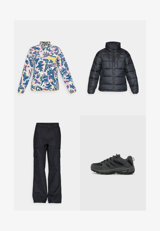Zwarte pufferjack met hoge kraag, gestikt patroon en rits aan de voorkant. Beschikt over twee zijzakken en elastische manchetten.; Fleece pullover met een multicolore bloemenpatroon, blauwe, gele en roze accenten; voorzien van een kwart rits en een borstzak met knoop.; Columbia BREA FALLS™ COTTON RIPSTOP PANT - Outdoorbroeken - black; Columbia REDMOND - Outdoorschoenen - black/citron haze