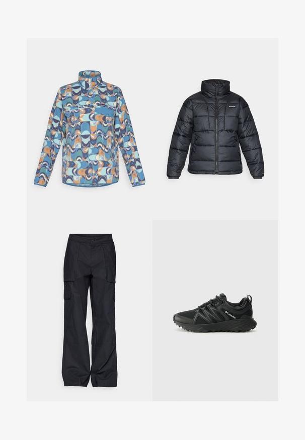 Casaco puffer preto com gola alta, padrão acolchoado e fecho éclair à frente. Apresenta dois bolsos laterais e punhos elásticos.; Pullover de fleece em azul com padrão geométrico abstrato em laranja, aqua e azul-marinho. Apresenta um collor alto e um bolso no peito com botão de pressão.; Columbia BREA FALLS™ COTTON RIPSTOP PANT - Calças para exterior - black; Columbia PEAKFREAK - Sapatos de caminhada - black