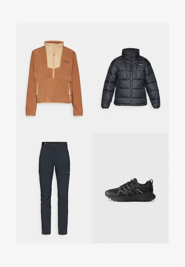 Svart puffjacka med hög krage, quiltat mönster och zippered front. Har två sidofickor och elastiska handledar.; Columbia SEQUOIA GROVE™ 1/2 ZIP - Fleecetröja - camel brown/canoe; Herrernas utomhusbyxor, mörkgrå, tillverkade av flexibelt material, med ett bälte, zip-fickor och förstärkt sömnad.; Columbia PEAKFREAK - Hikingskor - black