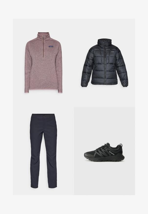 Fekete puffermellény magas gallérral, steppelt mintával és cipzáras elülső résszel. Két oldalsó zsebe és rugalmas mandzsettái vannak.; Patagonia BETTER SWEATER 1/4 ZIP - Pulóver - stormy mauve; Sötétkék nadrág sima anyagból, elülső gombos záródással, slim-fit fazonnal és gyűrött részletekkel a térdeken.; Columbia PEAKFREAK - Túracipők - black
