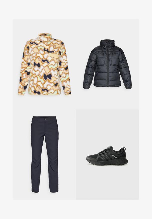 Schwarze Pufferjacke mit hohem Kragen, gestepptem Muster und Reißverschluss vorne. Hat zwei Seitentaschen und elastische Ärmelabschlüsse.; Patagonia SNAP - Fleecepullover - natural; Marineblaue Hose aus glattem Stoff mit einem vorderen Knopfverschluss, schlankem Schnitt und gefalteten Details an den Knien.; Columbia PEAKFREAK - Hikingschuh - black