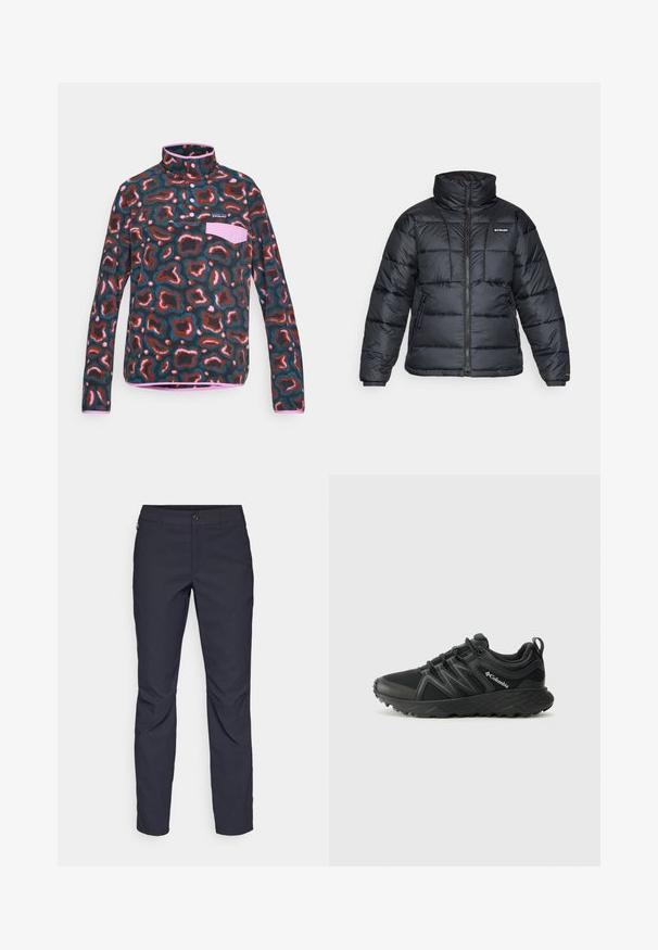 Svart puffjacka med hög krage, quiltat mönster och zippered front. Har två sidofickor och elastiska handledar.; Fleece-pullover med hög krage, prydd med ett flerfärgat abstrakt mönster i nyanser av brunt, teal och rosa. Inkluderar en bröstficka.; Marina blå byxor i slät tyg, med framknäppning, slim-fit design och veckade detaljer vid knäna.; Columbia PEAKFREAK - Hikingskor - black