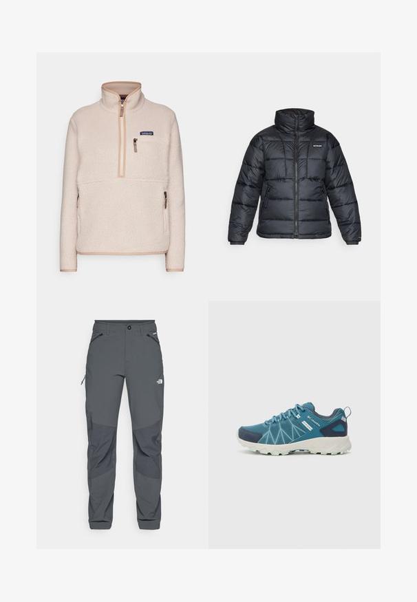 Črna pihasta jakna z visokim ovratnikom, prešitimi vzorci in zadrgo spredaj. Ima dve stranski žepki in elastične manšete.; Patagonia RETRO MARSUPIAL - Pulover iz flisa - shroom/taupe; Temno sivi zunanji hlače z ojačanimi koleni, zadrgo na stranskih in sprednjih žepih, gumbom za zapiranje ter logotipom The North Face na stegnu.; Columbia PEAKFREAK™ II OUTDRY™ - Pohodniški čevlji - blue heron/skylight