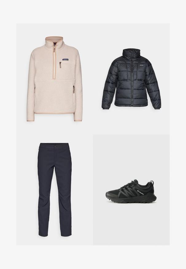 Juodas pūkuotas švarkas su aukštu apykakle, išsiuvinėtu raštu ir užtrauktuku priekyje. Yra dvi šoninės kišenės ir elastingi rankogaliai.; Patagonia RETRO MARSUPIAL - Flisinis džemperis - shroom/taupe; Tamsiai mėlynos kelnės, pagamintos iš lygaus audinio, su priekiniais mygtukais, lieknos silueto ir raukšlėmis ant kelių.; Columbia PEAKFREAK - Turistiniai batai - black