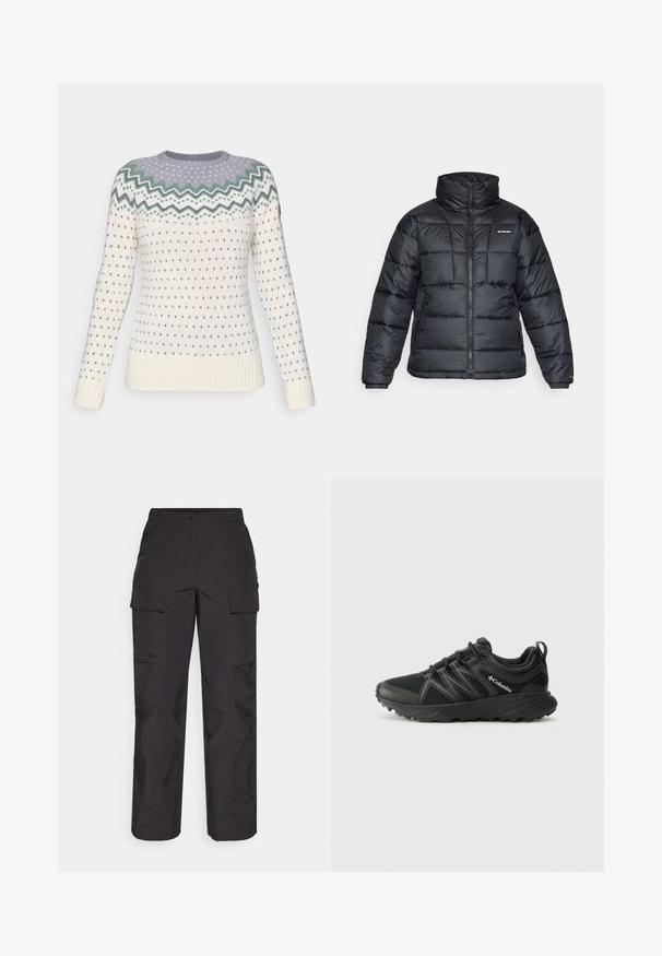 Musternatukamm, millel on kõrge krae, tikitud muster ja tõmblukuga esiosa. Sellel on kaks küljetaskut ja elastsed mansetid.; Kreemivärvi kootud sviiter, mille krael on heleda lillaga ja roheliste siksakmuster. Omab väikeseid siniseid südameid ja soonikkoes varrukaotsi.; Mustad mustat cargos püksid, mis on valmistatud vastupidavast kangast, mitmete küljepocketitega, nööbiga kinnitusega ning lõtvade sirgete jalgadega.; Columbia PEAKFREAK - Matkajalatsid - black