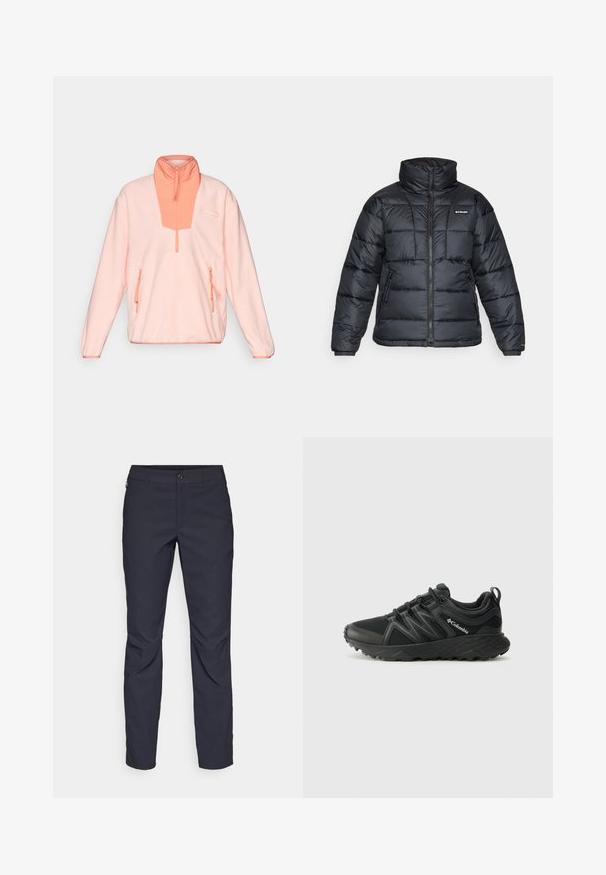 Crna puffa jakna s visokim ovratnikom, kvadratnim uzorkom i zatvaračem sprijeda. Ima dva bočna džepa i elastične manžete.; Svijetloružičasti flis pulover s polovnim patentnim zatvaračem, kontrastnom koraljnom prednjom oblogom i dva bočna džepa s patentnim zatvaračem. Mekana tekstura, opušteni kroj.; Pantalone tamnoplave boje od glatkog materijala, s prednjim kopčanjem na dugme, uskim krojem i pregibima na koljenima.; Columbia PEAKFREAK - Obuća za pješačenje - black