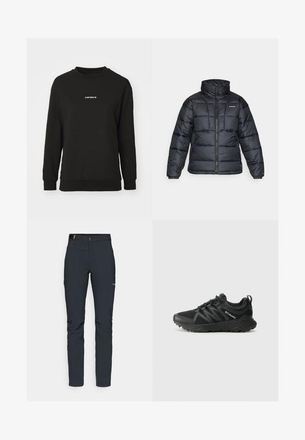 Musternatukamm, millel on kõrge krae, tikitud muster ja tõmblukuga esiosa. Sellel on kaks küljetaskut ja elastsed mansetid.; Mustakujuline särk, mis on valmistatud tekstureeritud materjalist. Omab ümmargust kaelaauku, pikki varrukaid ja keskel asuvat valget logo, ning sääreosa on täpselt istuv.; Meeste välkpüksid, tumehallid, valmistatud paindlikest materjalidest, vöökohaga, tõmblukuga taskud ja tugevdatud õmblused.; Columbia PEAKFREAK - Matkajalatsid - black