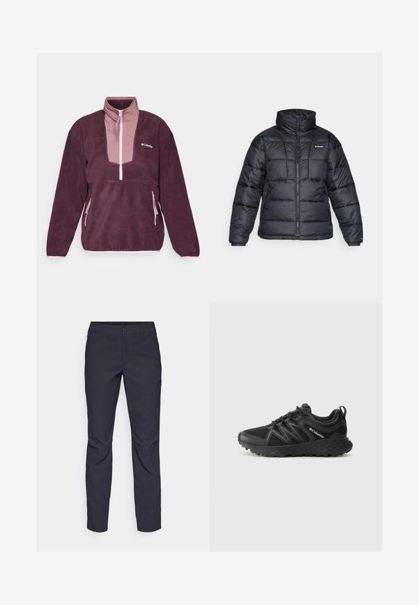Casaco puffer preto com gola alta, padrão acolchoado e fecho éclair à frente. Apresenta dois bolsos laterais e punhos elásticos.; Columbia SEQUOIA GROVE™ 1/2 ZIP - Camisola de lã polar - moonvista/fig/pink dawn; Calças azul-marinho feitas de tecido liso, com fecho frontal em botão, design slim-fit e detalhes pregueados nos joelhos.; Columbia PEAKFREAK - Sapatos de caminhada - black