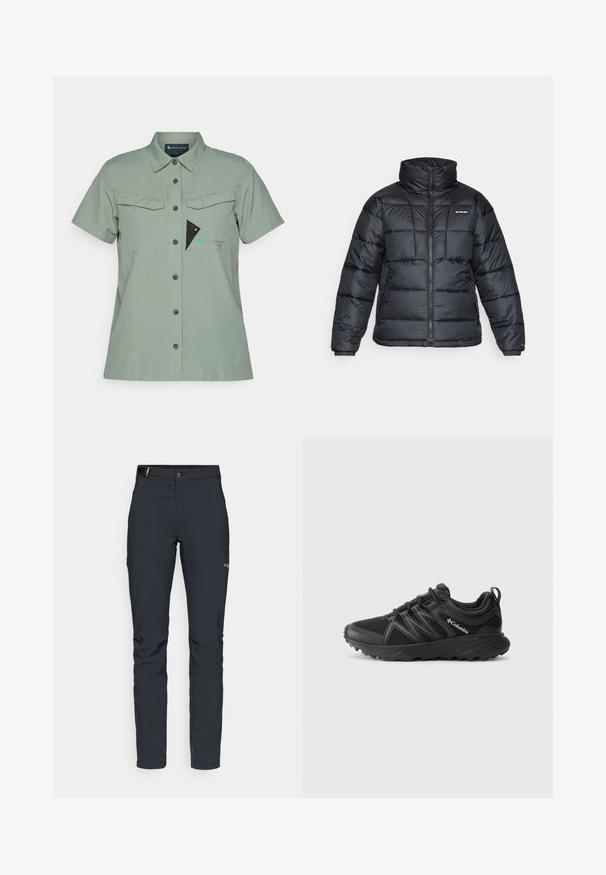 Giubbotto trapuntato nero con collo alto, motivo a cucitura e chiusura con zip. Presenta due tasche laterali e polsini elasticizzati.; Camicia a maniche corte con bottoni in tessuto verde chiaro, dotata di due tasche sul petto, bottoni neri e un logo con un accento blu e un design triangolare.; Pantaloni da uomo per attività all'aperto, grigio scuro, realizzati in materiale elastico, dotati di cintura, tasche con zip e cuciture rinforzate.; Columbia PEAKFREAK - Scarpa da hiking - black