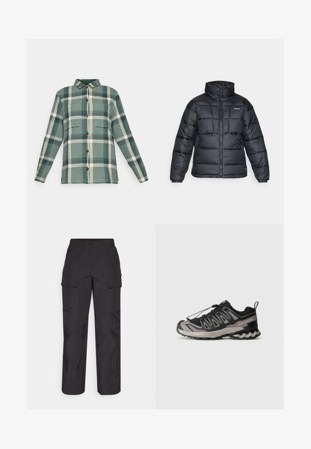 Svart dunjakke med høy krage, kviltet mønster og glidelås foran. Har to sidelommer og elastiske mansjetter.; Grønn og kremfarget rutete skjorte med lange ermer, to brystlommer og klassisk krage, vist på en hvit bakgrunn.; Svart cargo-bukser laget av slitesterkt stoff, med flere sidelommer, knappelukking og en løs passform med rette ben.; Svart og grå atletisk sko med mesh-overdel, gummisåle og elastisk snøresystem. Har forsterket tå og teksturerte detaljer.