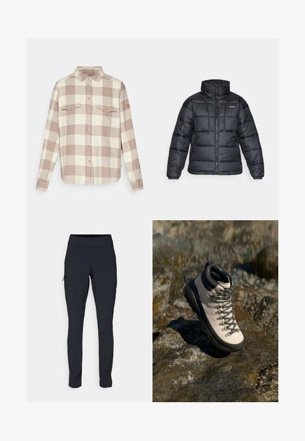 Svart dunjakke med høy krage, kviltet mønster og glidelås foran. Har to sidelommer og elastiske mansjetter.; Fjällräven ÖVIK HEAVY FLANNEL SHIRT W - Skjortebluse - fog/chalk white; Svarte joggebukser med slim fit, elastisk midjebånd og en sidelomme med glidelås. Glatt, elastisk stoff med minimalt med sømmer.; Lys beige tursko med svart gummisåle, fleksibel overdel, metalløye og grå snørebånd, plassert på en steinete overflate.