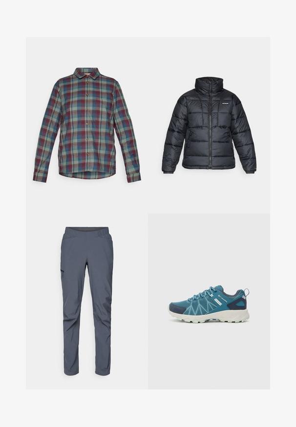 Czarna puchowa kurtka z wysokim kołnierzem, pikowanym wzorem i zamek błyskawiczny z przodu. Posiada dwie boczne kieszenie i elastyczne mankiety.; Koszula z długim rękawem, zapinana na guziki, w zielono-niebiesko-czerwoną kratę, z kieszenią na piersi.; Szare spodnie treningowe z elastycznym pasem, dwoma przednimi kieszeniami i kieszenią błyskawiczną z boku. Gładka tekstura i zwężany krój.; Columbia PEAKFREAK™ II OUTDRY™ niebieski