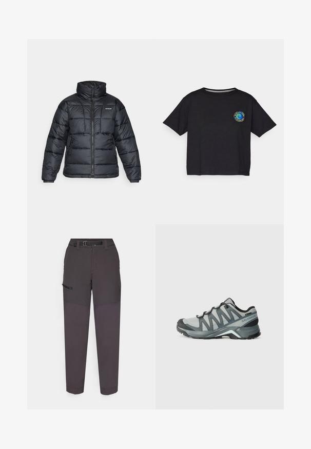 Črna pihasta jakna z visokim ovratnikom, prešitimi vzorci in zadrgo spredaj. Ima dve stranski žepki in elastične manšete.; Črna bombažna majica s kratkimi rokavi z okroglim večbarvnim logotipom na prsih. Ravno dno in sproščen kroj.; Temno sivi cargo hlače iz lahkega materiala, ki imajo trpežen pas, sprednji zadrgo in stransko žep z Velcro pokrovom.; Lahki pohodni čevlji iz sivih mrežastih materialov z temnimi poudarki. Imajo teksturirano podplato in oblazinjen petni del za udobje in oprijem.