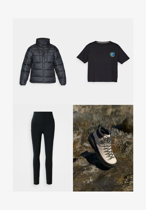 Černá prošívaná bunda s vysokým límcem, prošívaným vzorem a zipovým zapínáním. Obsahuje dvě boční kapsy a elastické manžety.; Černé bavlněné tričko s krátkým rukávem, na hrudi s kulatým vícBarevným logem. Rovný lem a volný střih.; Černé sportovní legíny s vysokým pasem a boční kapsou, celoplošné na bílém pozadí.; Svetle béžové turistické boty s černou gumovou podrážkou, flexibilním svrškem, kovovými oky a šedými tkaničkami, umístěné na kamenitém povrchu.
