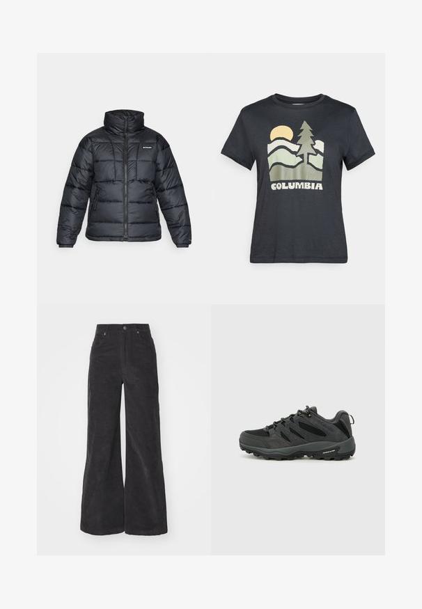 Veste rembourrée noire avec col haut, motif matelassé et fermeture éclair à l'avant. Elle dispose de deux poches latérales et de poignets élastiques.; T-shirt gris foncé avec un graphique d'un soleil jaune, de montagnes vertes et d'un arbre au-dessus du mot "Columbia" en lettres blanches.; Pantalons large en velours côtelé noir avec taille haute, poches avant et fermeture à bouton. Le tissu présente une surface douce et texturée.; Columbia REDMOND - Chaussures de marche - black/citron haze