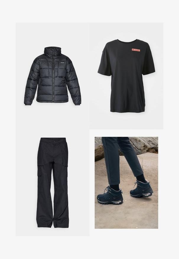 Schwarze Pufferjacke mit hohem Kragen, gestepptem Muster und Reißverschluss vorne. Hat zwei Seitentaschen und elastische Ärmelabschlüsse.; Schwarzes Baumwoll-T-Shirt mit kurzen Ärmeln, lockerer Passform und einem roten rechteckigen Logo auf der linken Brust. Glatte Textur und schlichtes Design.; Columbia BREA FALLS™ COTTON RIPSTOP PANT - Outdoor-Hose - black; Dunkelblaue Wanderschuhe mit strukturiertem Mesh, Schnürsenkeln und Gummisohlen, kombiniert mit dunklen Hosen, vor einem sandigen, felsigen Hintergrund.