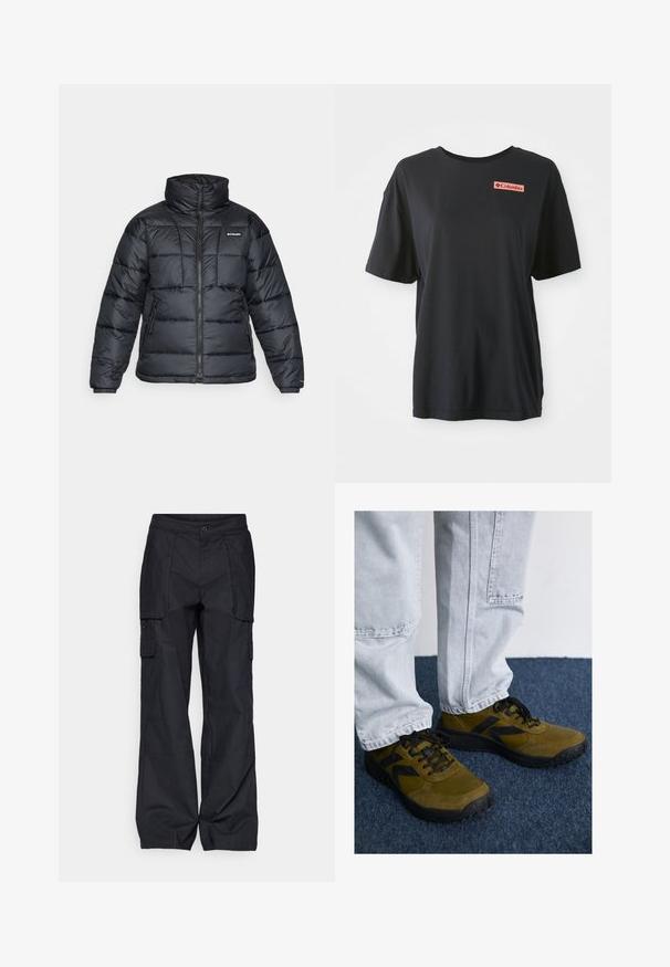 Svart dunjakke med høy krage, kviltet mønster og glidelås foran. Har to sidelommer og elastiske mansjetter.; Svart bomulls T-skjorte med korte ermer, avslappet passform og en rød rektangulær logo på venstre bryst. Jevn tekstur og enkelt design.; Columbia BREA FALLS™ COTTON RIPSTOP PANT - Friluftsbukser - black; Olivengrønne sneakers med sorte accenter, lavet af ruskind og mesh-materialer, rund tå og strukturerede såler. Sat sammen med lysegrå denimbukser.