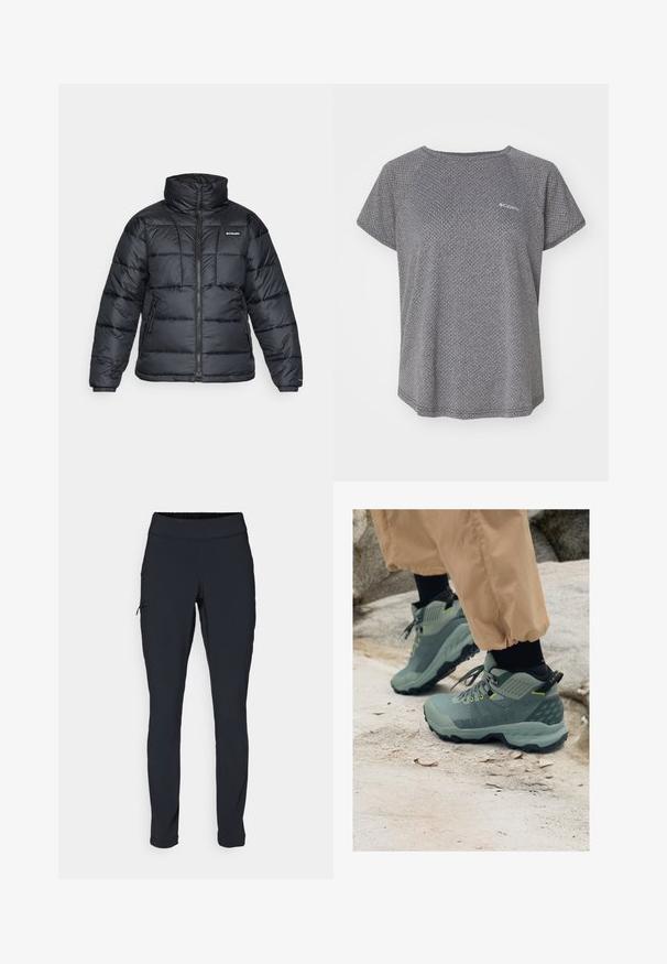 Sort pufferjakke med høj krave, quiltet mønster og lynlåsfront. Har to sidelommer og elastiske manchetter.; Grå kortærmet skjorte med et subtilt struktureret mønster, rund halsudskæring og Columbia-logo på brystet. Blødt stof, afslappet pasform.; Svarte atletiske bukser med slim fit, elastisk talje og en side lomme med lynlås. Glat, strækbart stof med minimale sømme.; Mammut udendørssko i dæmpet grøn med tekstureret overdel, gule accenter og robust sort sål. Holdbart design til udendørsaktiviteter.