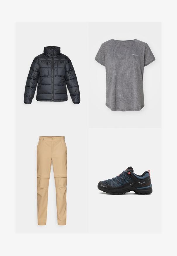 Crna puffa jakna s visokim ovratnikom, kvadratnim uzorkom i zatvaračem sprijeda. Ima dva bočna džepa i elastične manžete.; Siva majica kratkih rukava koja sadrži suptilan teksturirani uzorak, okrugli izrez i Columbia logotip na prsima. Mekani materijal, opušteni kroj.; Bež hlače s zatvaračem koje se mogu ukloniti, s ravnim prednjim dijelom, zatvaranjem na gumb i suženim nogavicama. Izrađene od lagane tkanine s glatkom teksturom.; Muške planinarske cipele s gornjim dijelom od crne i plave mrežice, gumeni zaštitni vrh i crveni detalji. Imaju teksturiranu brzinu za dobar hvat i stabilnost.