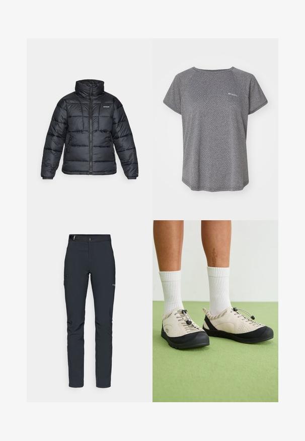 Veste rembourrée noire avec col haut, motif matelassé et fermeture éclair à l'avant. Elle dispose de deux poches latérales et de poignets élastiques.; T-shirt gris à manches courtes avec un motif texturé subtil, col rond et logo Columbia sur la poitrine. Tissu doux, coupe décontractée.; Pantalons de plein air pour hommes, gris foncé, fabriqués en matériau flexible, dotés d'une ceinture, de poches zippées et de coutures renforcées.; Des chaussures beiges avec des accents noirs, des panneaux latéraux en maille et un système de laçage sécurisé à réglage rapide. Semelles en caoutchouc épaisses avec un motif de semelle. Portées avec des chaussettes blanches.