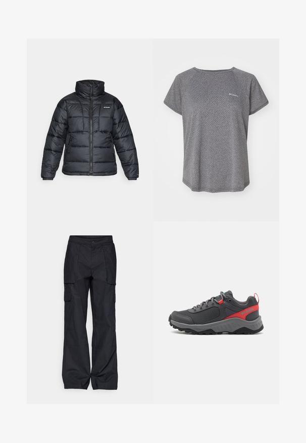 Chaqueta de plumas negra con cuello alto, patrón acolchado y cierre con cremallera. Cuenta con dos bolsillos laterales y puños elásticos.; Camiseta gris de manga corta con un sutil patrón texturizado, cuello redondo y logo de Columbia en el pecho. Tejido suave, corte relajado.; Columbia BREA FALLS™ COTTON RIPSTOP PANT - Pantalones montañeros largos - black; Zapatilla deportiva gris para exterior con parte superior de malla, acentos en rojo y aqua, cordones redondos, suela acolchada y suela de goma negra y rugosa para tracción.