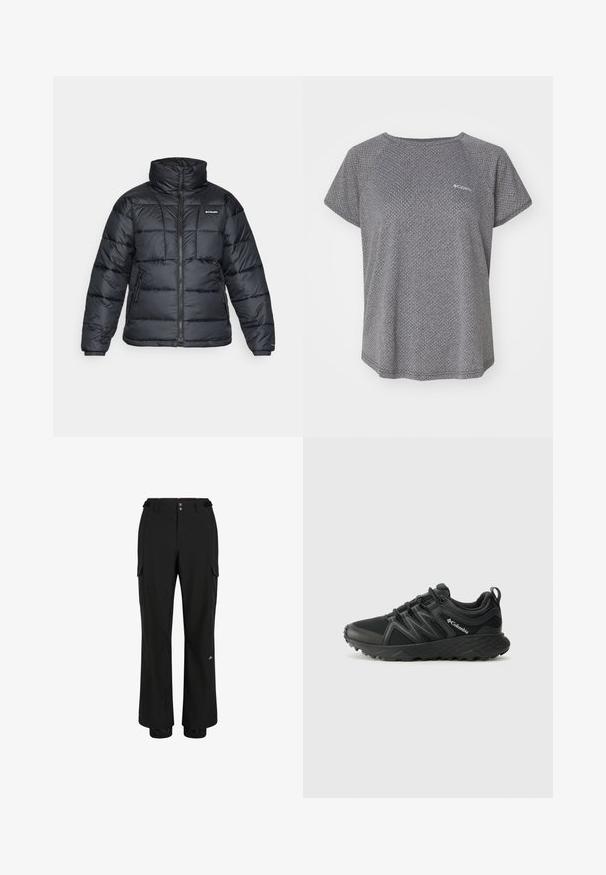 Black puffer jacket with high collar, quilted pattern, and zippered front. Features two side pockets and elastic cuffs.; Gray short-sleeve shirt featuring a subtle textured pattern, round neckline, and Columbia logo on the chest. Soft fabric, relaxed fit.; Black cargo pants made of lightweight fabric; features two front pockets, two side cargo pockets, and elasticated cuffs at the ankles.; Columbia PEAKFREAK - Hiking shoes - black
