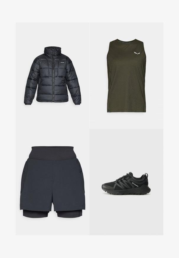 Black puffer jacket with high collar, quilted pattern, and zippered front. Features two side pockets and elastic cuffs.; Dark green sleeveless top with a round neckline, made of lightweight fabric. Features a small white logo on the chest and side seam detailing.; Black athletic shorts with a wide waistband, featuring a layered design and inner shorts. Smooth texture and lightweight fabric.; Columbia PEAKFREAK - Hiking shoes - black