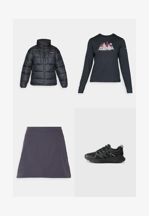 Schwarze Pufferjacke mit hohem Kragen, gestepptem Muster und Reißverschluss vorne. Hat zwei Seitentaschen und elastische Ärmelabschlüsse.; Dunkelgraues Langarmshirt mit einem Grafikdesign von roten Bäumen und Bergen; das "COLUMBIA"-Logo in fett weißer Schrift. Weicher Stoff, klassischer Rundhalsausschnitt.; Dunkelgrauer A-linien Rock aus weichem Stoff, mit glatter Textur und einem schlichten, klaren Design ohne sichtbare Muster oder Akzente.; Columbia PEAKFREAK - Hikingschuh - black