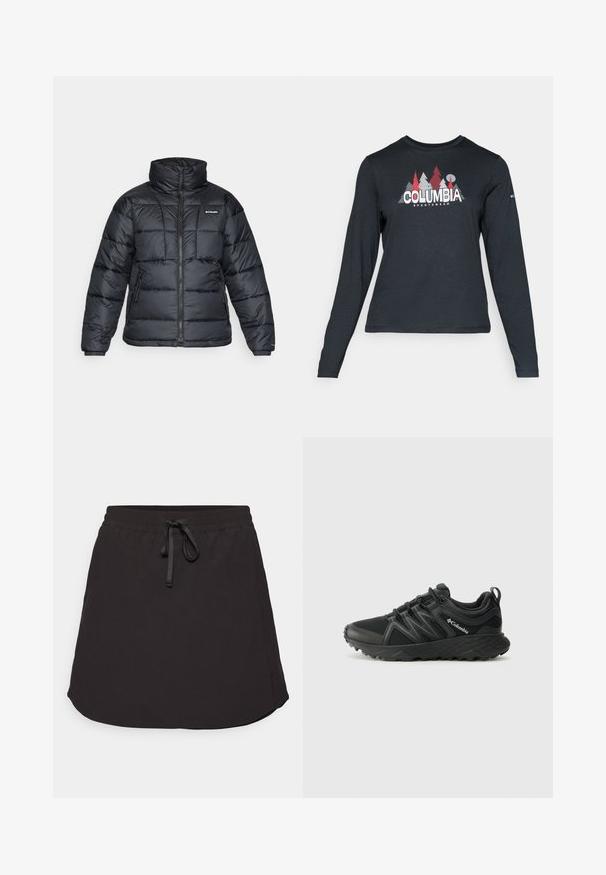 Fekete puffermellény magas gallérral, steppelt mintával és cipzáras elülső résszel. Két oldalsó zsebe és rugalmas mandzsettái vannak.; Hosszú ujjú, sötétszürke ing piros fákkal és hegyekkel díszítve; a "COLUMBIA" logó vastag fehér betűkkel. Puha anyag, klasszikus kerek nyakkivágás.; Fekete sportos szoknya rugalmas derékkal, állítható zsinórral és ívelt szegéllyel. Könnyű, sima anyagból készült.; Columbia PEAKFREAK - Túracipők - black
