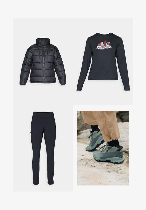 Black puffer jacket with high collar, quilted pattern, and zippered front. Features two side pockets and elastic cuffs.; Long-sleeve dark gray shirt with a graphic of red trees and mountains; "COLUMBIA" logo in bold white text. Soft fabric, standard crew neck.; Black athletic pants with a slim fit, elastic waistband, and a side pocket featuring a zipper. Smooth, stretchy fabric with minimal seams.; Mammut outdoor shoes in muted green with textured upper, yellow accents, and rugged black sole. Durable design for outdoor activities.