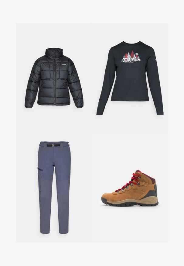 Čierna bundová izolácia s vysokým golierom, prešívaný vzor a zipsovým predným zapínaním. Obsahuje dve bočné vrecká a elastické manžety.; Dlhý rukáv, tmavošedá košeľa s grafikou červených stromov a hôr; logo "COLUMBIA" v tučnom bielom texte. Mäkká tkanina, štandardný okrúhly výstrih.; Ľahké, námornícke modré nohavice s odolnou textúrou, s pásom, bočnou zipsovou vreckom a zosilnenými dolnými časťami.; Hnedé semišové turistické topánky s červenými šnúrkami, čiernou gumovou podrážkou, šedými akcentmi a polstrovanou podporou členka. Obsahuje kovové očká a detail loga.
