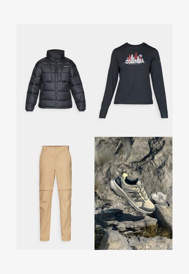 Black puffer jacket with high collar, quilted pattern, and zippered front. Features two side pockets and elastic cuffs.; Long-sleeve dark gray shirt with a graphic of red trees and mountains; "COLUMBIA" logo in bold white text. Soft fabric, standard crew neck.; Beige zip-off cargo pants with a flat front, button closure, and tapered legs. Made from lightweight fabric with a smooth texture.; Columbia trail running shoe in light beige and gray. Mesh upper with textured detailing, rubber outsole, and reflective accents. Lightweight design.