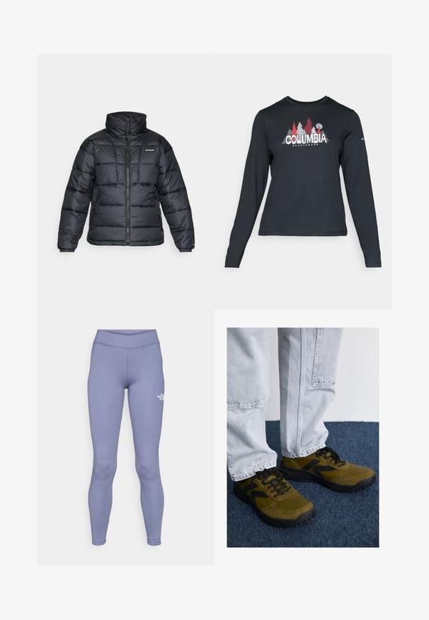 Svart dunjakke med høy krage, kviltet mønster og glidelås foran. Har to sidelommer og elastiske mansjetter.; Langermet mørkegrå skjorte med grafikk av røde trær og fjell; "COLUMBIA" logo i fet hvit tekst. Mykt stoff, standard rund hals.; Blå treningsleggings laget av myk, elastisk stoff. Har høyt liv og en liten hvit logo på venstre lår.; Olivengrønne sneakers med sorte accenter, lavet af ruskind og mesh-materialer, rund tå og strukturerede såler. Sat sammen med lysegrå denimbukser.