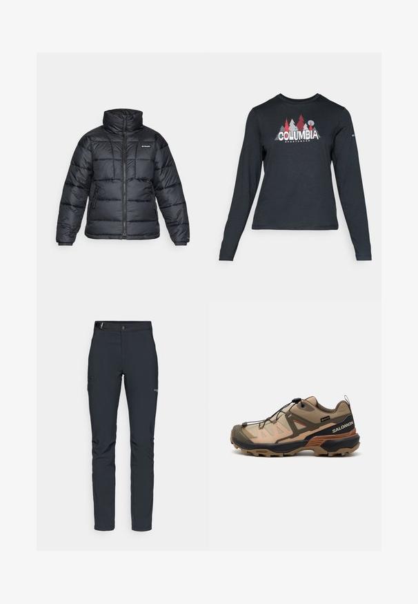 Fekete puffermellény magas gallérral, steppelt mintával és cipzáras elülső résszel. Két oldalsó zsebe és rugalmas mandzsettái vannak.; Hosszú ujjú, sötétszürke ing piros fákkal és hegyekkel díszítve; a "COLUMBIA" logó vastag fehér betűkkel. Puha anyag, klasszikus kerek nyakkivágás.; Férfi kültéri nadrág, sötétszürke, rugalmas anyagból készült, övvel, cipzáros zsebekkel és megerősített varratokkal.; Salomon X ULTRA 360 GTX - Túracipők - safari/hazelnut/sierra