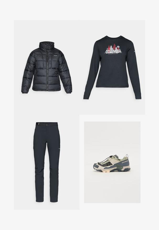 Fekete puffermellény magas gallérral, steppelt mintával és cipzáras elülső résszel. Két oldalsó zsebe és rugalmas mandzsettái vannak.; Hosszú ujjú, sötétszürke ing piros fákkal és hegyekkel díszítve; a "COLUMBIA" logó vastag fehér betűkkel. Puha anyag, klasszikus kerek nyakkivágás.; Férfi kültéri nadrág, sötétszürke, rugalmas anyagból készült, övvel, cipzáros zsebekkel és megerősített varratokkal.; Túrázó cipő, amely világos zöld és szürke felsőrészével, gumitalpával, biztonságos fűzős rendszerével, texturált paneleivel és tartós díszítéseivel rendelkezik.