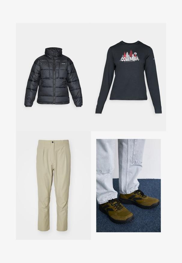 Black puffer jacket with high collar, quilted pattern, and zippered front. Features two side pockets and elastic cuffs.; Long-sleeve dark gray shirt with a graphic of red trees and mountains; "COLUMBIA" logo in bold white text. Soft fabric, standard crew neck.; Beige trousers with a straight cut, featuring pleats, a front pocket, and a black button. Made of smooth fabric with a soft texture.; Olive green sneakers with black accents, suede and mesh materials, rounded toe, and textured soles. Paired with light gray denim pants.