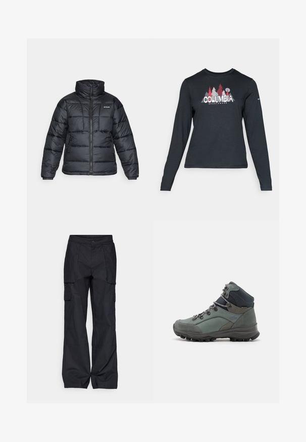 Černá prošívaná bunda s vysokým límcem, prošívaným vzorem a zipovým zapínáním. Obsahuje dvě boční kapsy a elastické manžety.; Tmavě šedá dlouhá košile s grafikou červených stromů a hor; logo "COLUMBIA" v tučném bílém písmu. Měkká tkanina, standardní kulatý výstřih.; Columbia BREA FALLS™ COTTON RIPSTOP PANT - Outdoorové kalhoty - black; Zelené turistické boty s šedými akcenty a černou gumovou podrážkou. Vybavení zahrnuje polstrovaný límec, kulaté tkaničky a texturovaný svršek.