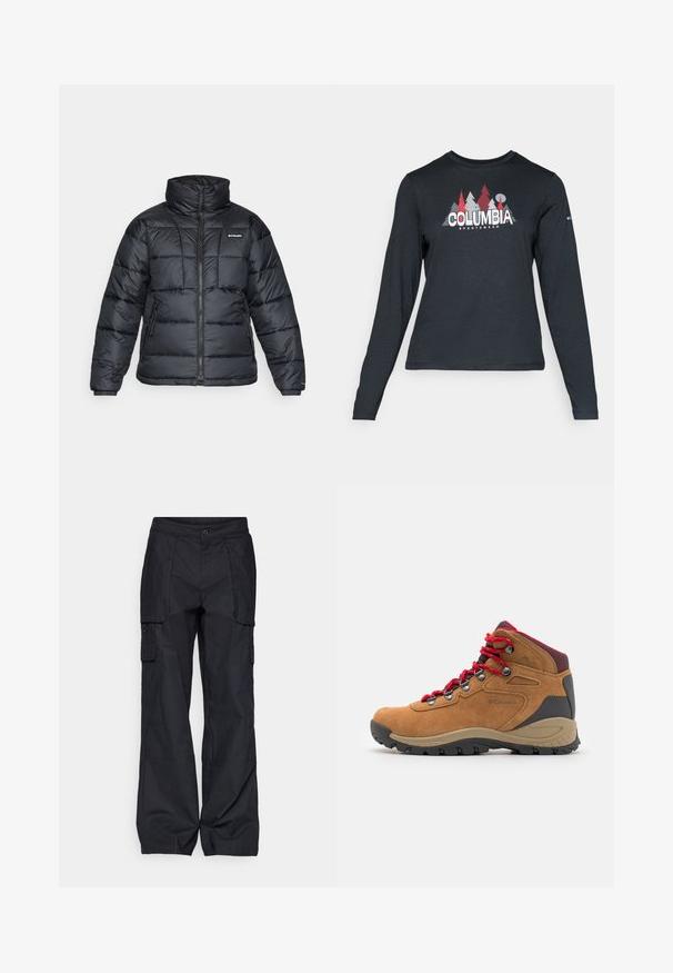 Melnā pūkainā jaka ar augstu apkakli, quilted rakstu un ar rāvējslēdzēju priekšpusi. Iezīmē divas sānu kabatas un elastīgas aproces.; Tumšs pelēks krekls ar garām piedurknēm, ar grafiku, kurā attēloti sarkani koki un kalni; "COLUMBIA" logo treknā baltā tekstā. Mīksta auduma, standarta apaļa kakla izgriezums.; Columbia BREA FALLS™ COTTON RIPSTOP PANT - Āra bikses - black; Brūni zamšādas pastaigu zābaki ar sarkanām auklām, melnu gumijas zoli, pelēkiem akcentiem un mīkstu potīšu atbalstu. Iekļauj metāla acis un logotipa detaļu.