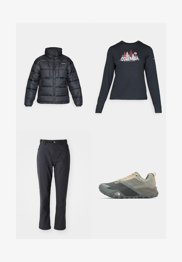 Svart puffjacka med hög krage, quiltat mönster och zippered front. Har två sidofickor och elastiska handledar.; Långärmad mörkgrå tröja med grafik av röda träd och berg; "COLUMBIA"-logotyp i fet vit text. Mjukt tyg, standard rund hals.; Columbia LEADER CREST™ PANT - Friluftsbyxor - black; Grå och beige sportskor med en strukturerad ovandel, förstärkt tå, gula accenter och en strukturerad gummisula för grepp.
