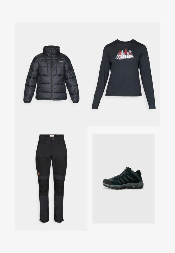 Black puffer jacket with high collar, quilted pattern, and zippered front. Features two side pockets and elastic cuffs.; Long-sleeve dark gray shirt with a graphic of red trees and mountains; "COLUMBIA" logo in bold white text. Soft fabric, standard crew neck.; Fjällräven KEB AGILE TROUSERS - Outdoor trousers - black; Columbia REDMOND - Hiking shoes - black/citron haze