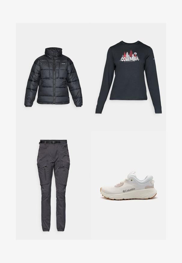 Svart dunjakke med høy krage, kviltet mønster og glidelås foran. Har to sidelommer og elastiske mansjetter.; Langermet mørkegrå skjorte med grafikk av røde trær og fjell; "COLUMBIA" logo i fet hvit tekst. Mykt stoff, standard rund hals.; Grå cargo bukser laget av slitesterkt materiale, med flere lommer, en glidelåslomme på benet og et belte med spenne.; Lettvekts Columbia treningssko i hvit mesh med en teksturert grå såle og gummitraction. Har en polstret krage og snøring.
