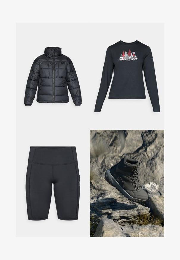Czarna puchowa kurtka z wysokim kołnierzem, pikowanym wzorem i zamek błyskawiczny z przodu. Posiada dwie boczne kieszenie i elastyczne mankiety.; Długie rękawy, ciemnoszara koszula z grafiką czerwonych drzew i gór; logo "COLUMBIA" w wyraźnym białym tekście. Miękka tkanina, standardowy okrągły dekolt.; Czarne spodenki rowerowe wykonane z elastycznej tkaniny; posiadają kieszenie boczne, wysoki pas oraz płaskie szwy dla komfortu i trwałości.; Ciemnoszare buty trekkingowe wykonane z materiału syntetycznego, z wyściełanym kołnierzem, metalowymi oczkami i teksturowaną gumową podeszwą zapewniającą przyczepność.