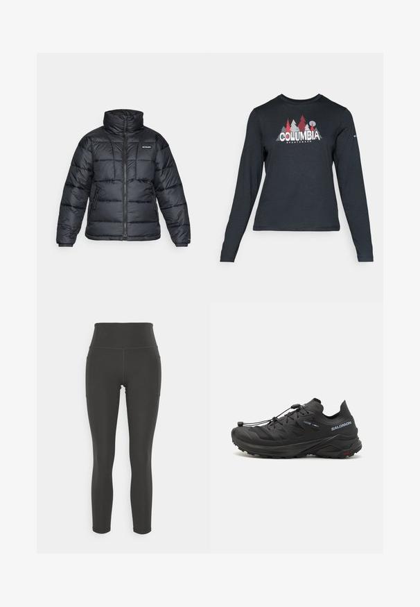 Črna pihasta jakna z visokim ovratnikom, prešitimi vzorci in zadrgo spredaj. Ima dve stranski žepki in elastične manšete.; Majica z dolgimi rokavi temno siva z grafiko rdečih dreves in gora; logotip "COLUMBIA" v krepki beli barvi. Mehka tkanina, standarden krojen ovratnik.; Visoko pasne črne legice, narejene iz raztegljive tkanine s gladko teksturo; vključujejo stranske žepke in ravne šive za dodatno udobje.; Črne trail tekaške copate z teksturirano zgornjim delom, mrežnimi paneli in varnim sistemom zapenjanja. Imajo robusten podplat za oprijem.