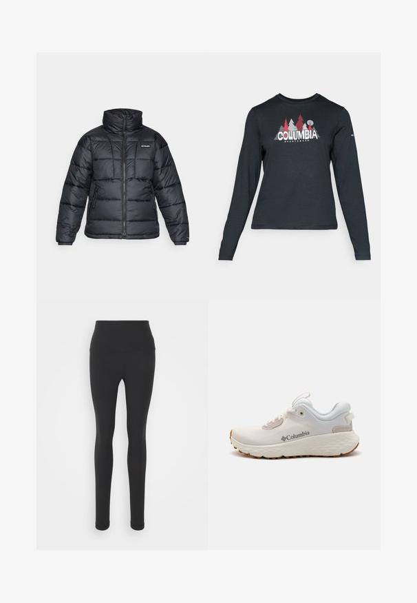 Zwarte pufferjack met hoge kraag, gestikt patroon en rits aan de voorkant. Beschikt over twee zijzakken en elastische manchetten.; Langsluitend donkergrijs shirt met lange mouwen, versierd met een grafisch ontwerp van rode bomen en bergen; het "COLUMBIA"-logo in vet witte tekst. Zacht materiaal, standaard ronde hals.; Hoog-oplopende zwarte leggings van rekbaar materiaal, met een gladde afwerking en een full-length ontwerp met een getailleerde pasvorm.; Lichtgewicht Columbia sportieve schoen in witte mesh met een gestructureerde grijze zool en rubberen grip. Voorzien van een gewatteerde kraag en vetersluiting.