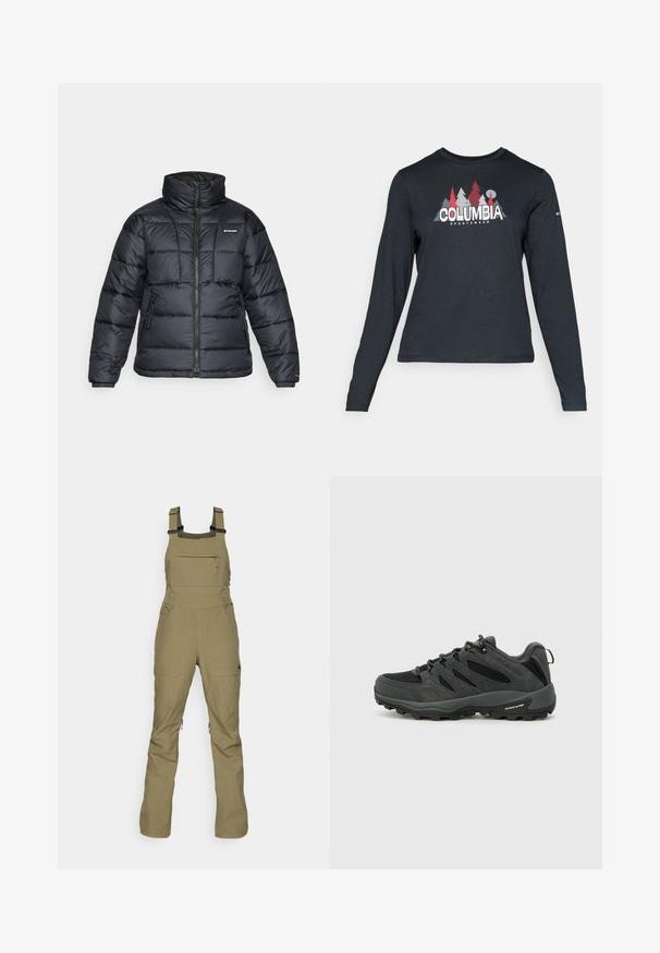 Schwarze Pufferjacke mit hohem Kragen, gestepptem Muster und Reißverschluss vorne. Hat zwei Seitentaschen und elastische Ärmelabschlüsse.; Dunkelgraues Langarmshirt mit einem Grafikdesign von roten Bäumen und Bergen; das "COLUMBIA"-Logo in fett weißer Schrift. Weicher Stoff, klassischer Rundhalsausschnitt.; Olivenfarbene Latzhose aus strapazierfähigem Material, mit verstellbaren Trägern, einer vorderen Reißverschlusstasche und zwei Seitentaschen. Moderne, funktionale Gestaltung.; Columbia REDMOND - Hikingschuh - black/citron haze