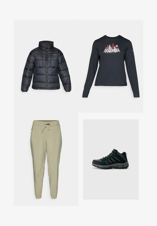 Svart dunjakke med høy krage, kviltet mønster og glidelås foran. Har to sidelommer og elastiske mansjetter.; Langermet mørkegrå skjorte med grafikk av røde trær og fjell; "COLUMBIA" logo i fet hvit tekst. Mykt stoff, standard rund hals.; Lyse olivenfargede tilpassede bukser med snor i midjen, glidelås-lommer på siden og elastiske mansjetter.; Columbia REDMOND - Fjellsko - black/citron haze